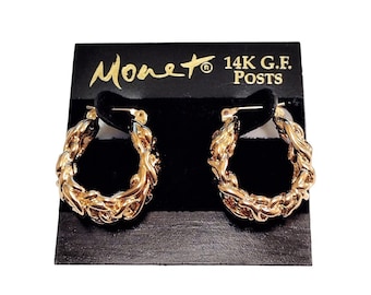 1" Monet Open Weave Band Hoop Pierced Earrings 14K Gold Filled Post Wide Round Large Band New On Card