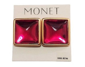 Monet Red Pink Square Pierced Stud Earrings Gold Tone Vintage Large Domed Clear Center Rimmed Extended Edges Surgical Steel Posts