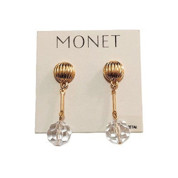 Monet Clear Faceted Bead Dangle Pierced Earrings Gold Tone Vintage Long Thin Bar Ribbed Domed Round Button