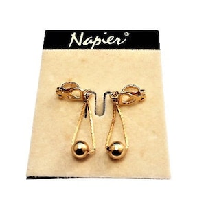 Napier Serpentine Chain Bead Hoop Clip On Earrings Gold Tone Vintage Long Dangle Weaved Flat Links Fancy Spring Open Triangle Ear Clasp