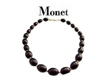 Monet Oval Black Lucite Graduated Bead Choker Necklace Gold Tone Vintage Small Seed Spacers 1960s Patented Lobster Claw Hangtag