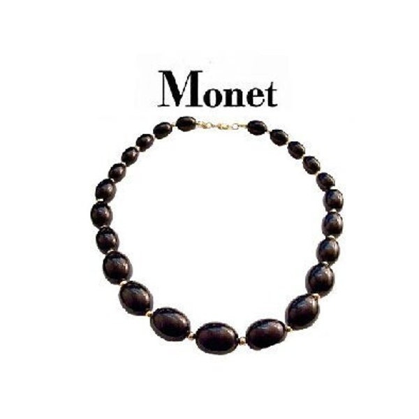 Monet Oval Black Lucite Graduated Bead Choker Necklace Gold Tone Vintage Small Seed Spacers 1960s Patented Lobster Claw Hangtag