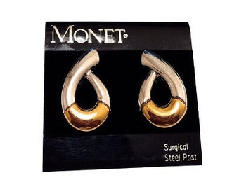 Monet Swirl Loop Hoop Pierced Post Earrings Vintage Silver Gold Tone Polished Wide Domed Band Finish