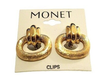 Monet Ring Doorknocker Clip on Earrings Gold Tone Vintage