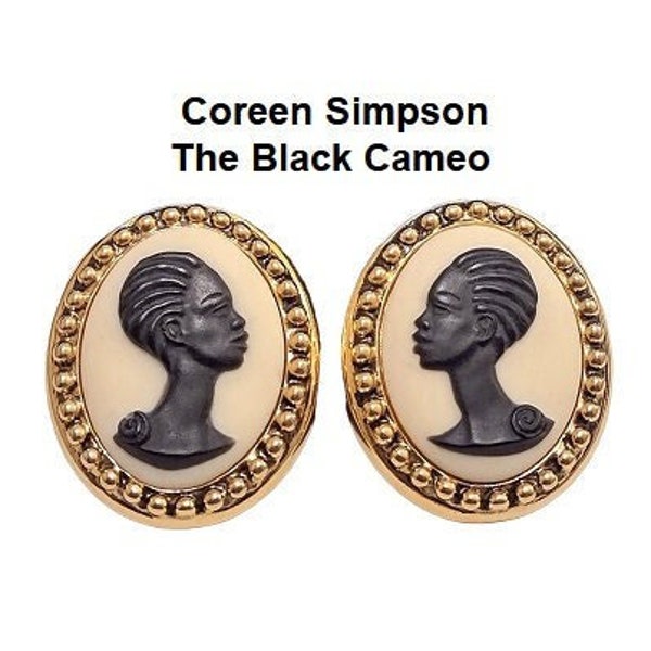 Coreen Simpson The Black Cameo Clip On Earrings Gold Tone MINT RARE Vintage African American Woman Large Oval Never Worn Never Used