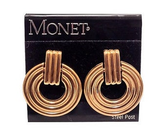 Monet Ribbed Ring Hoop Pierced Post Earrings Vintage Gold Tone Door Knocker Style