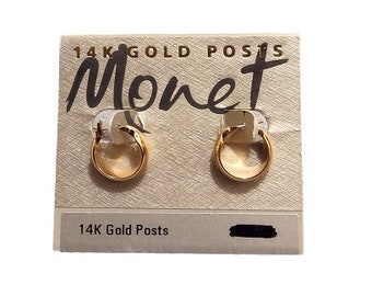 Monet Wedding Band 14k Gold Post Pierced Earrings Vintage Wide Polished Domed Band Small Round Open Rings