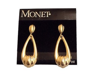 1 1/2" Monet Scallop Bottom Pierced Post Earrings Vintage Gold Tone Polished Oval Tube Band Decorative Button