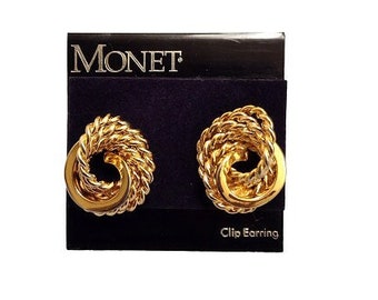 7/8" Monet Twisted Rope Clip On Earrings Gold Tone Vintage Large Solid Swirl Circle Ring Braided Wrapped Ribs Comfort Paddles