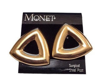 Monet Triangle Hoop Pierced Post Earrings Vintage Gold Tone Wide Domed Band