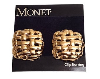 Monet Square Basketweave Clip On Earrings Vintage Gold Tone Large Discs