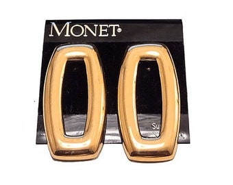 Monet Long Box Pierced Post Earrings Vintage Gold Tone Rectangle Shape Domed Polished Bands