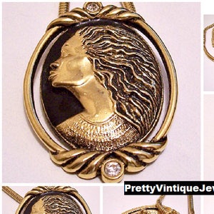 Coreen Simpson Regal Beauty Cameo Pin Brooch Pendant Necklace Gold Tone Vintage Avon Cobra Weaved Link Chain Black Accent Lobster Claw image 9