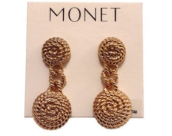 Monet Twisted Rope Dangle Pierced Post Earrings Vintage Gold Tone Link Chain Stacked Domes