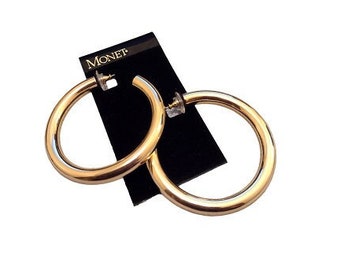 2 1/2" Monet Jumbo Hoop Pierced Post Earrings Gold Tone 64mm Lightweight Vintage Round Open End Polished Big Rings