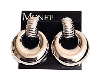 Monet Door Knocker Hoop Clip On Earrings Vintage Polished Silver Tone Large Domed Graduated Oval Band Ribbed Bar