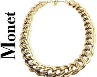 Monet Double Layered Necklace Chain Link Gold Tone Vintage 20 Inch Long Wide Wavy Open Rings Size Adjustable Extension Hook Clasp