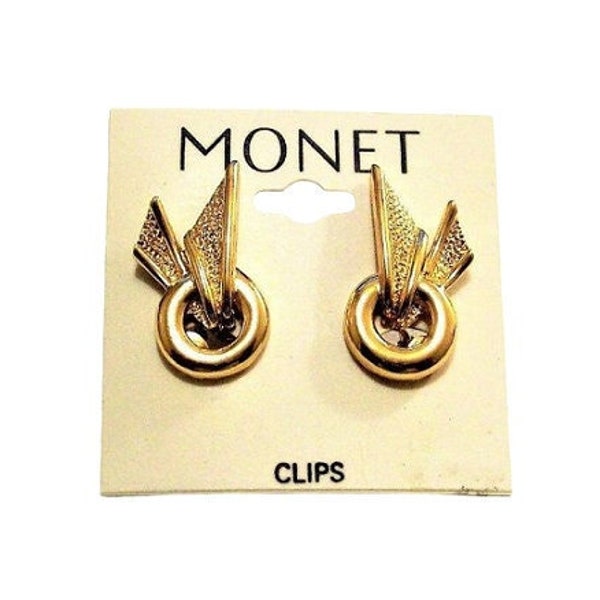 Monet Wrapped Ring Clip On Earrings Gold Tone Vintage Pebbled Textured Raised Ribbed Edge Open Donut Hoops