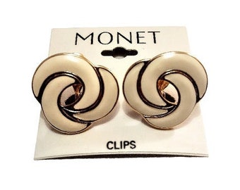 Monet Beige Three Rings Clip On Earrings Gold Tone Vintage Round Striped Edge Layered Circles Brushed Backs Comfort Paddles