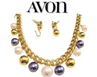 Avon Black White Pearl Choker Necklace Gold Tone Vintage Large Wide Curb Link Chain Adjustable Length Size Hook Closure