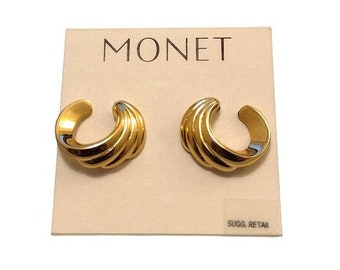 Monet Curved Crescent Ribbed Clip On or Pierced Post Earrings Gold Tone Vintage Open End Round Swirl Lined Buttons