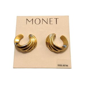 Monet Curved Crescent Ribbed Clip On or Pierced Post Earrings Gold Tone Vintage Open End Round Swirl Lined Buttons