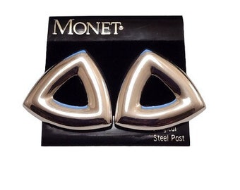 Monet Triangle Hoop Pierced Post Earrings Vintage Silver Tone Wide Domed Band