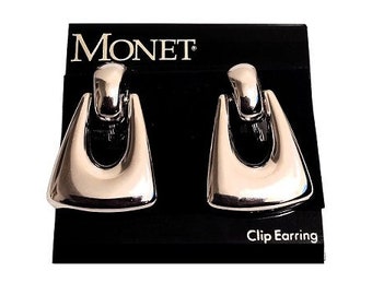 Monet Square Door Knocker Clip On Earrings Vintage Polished Silver Tone Domed Graduated Band