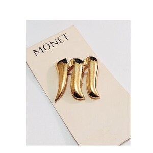 Monet Big M Pin Brooch Gold Tone Vintage Swirl Script Dome Bands ...