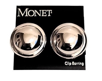 Monet Rimmed Button Clip On Earrings Vintage Polished Silver Tone Domed Center Wide Band Edge