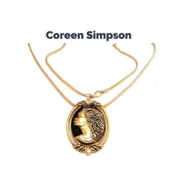 Coreen Simpson Regal Beauty Cameo Pin Brooch Pendant Necklace Gold Tone Vintage Avon Cobra Weaved Link Chain Black Accent Lobster Claw