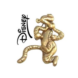 Tigger Tiger Disney Pin Brooch Gold Tone Vintage Long Striped Dancing Swinging Laughing Winnie The Pooh Long Tail Satin Movable