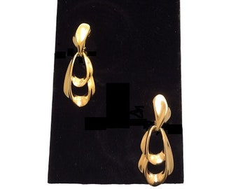 Draped Double Hoop Clip On or Pierced Earrings Vintage Polished Gold Tone Swirl Style Oval Dangles