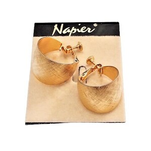 Napier Brushed Hoops Screwback Clip On Earrings Gold Tone Vintage Florentine Crossed Extra Wide Graduated Fine Line Band Open Round Dangles