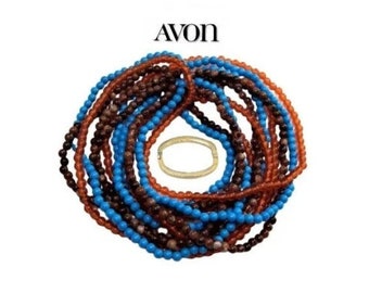 Avon Seed Bead Necklace Gold Tone Vintage Blue Orange Brown Triple Lucite 34 Inch Strands Oval Smooth Clasp Ring