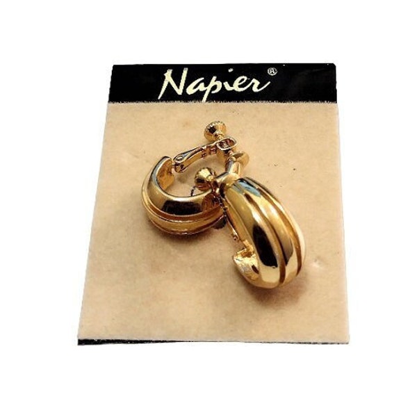 Napier Triple Band Hoops Screwback Clip On Earrings Gold Tone Vintage Polished Drop Oval Open Slotted Dangles Brushed Lined Backs