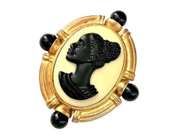 Black Woman Cameo Mourning Pin Brooch Gold Tone Vintage African American Ethnic Lady Large Ribbed Satin Round Onyx Beads Pinpoint Backs