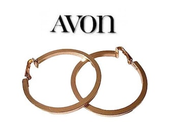 Avon Square Tube Hoops Clip On Earrings Gold Tone Vintage 1977 Great Hoops Large Round Open Polished Dangle Rings