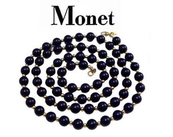 Monet Blue 30 Inch 6mm Bead Necklace Gold Tone Vintage Lucite Round Beads Accent Spacers Square Hangtag Lobster Claw Clasp