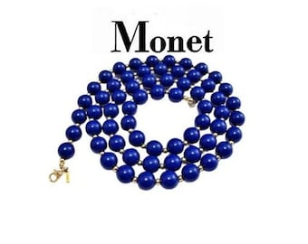 Monet Blue Necklace Gold Tone Vintage Patent Pending 1960s Lucite Round 6mm Beads Small Spacer Accents Lobster Claw Clasp Hangtag