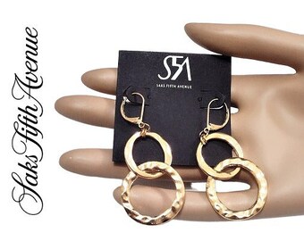Saks Fifth Ave Hoop Pierced Earrings Gold Tone Vintage S5A Hammered Double Ring Leverback Wires Open Flat Band Dangles