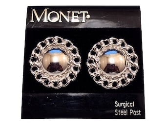 Monet Chain Link Pierced Post Earrings Vintage Silver Tone Domed Center Bead Discs