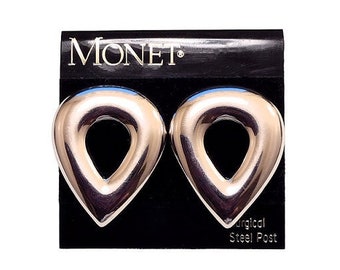 Monet Teardrop Hoop Pierced Post Earrings Vintage Silver Tone Domed Polished Wide Band Discs