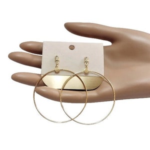 Thin Ring 2 3/4 Long Hoops Pierced Post Stud Earrings Gold Tone Vintage Extra Large Wide Wire Dangles Round Domed Top Beads image 1