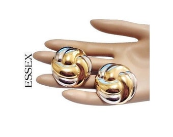 Essex Big Knot Clip On Earrings Silver Gold Tone Vintage Extra Large Round Domed Swirling Layered Tube Buttons Hammered Backs