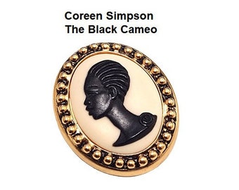 Coreen Simpson The Black Cameo Pin Brooch Gold Tone Rare Mint Never Worn Vintage African American Woman Large Oval Nail Raised Edge