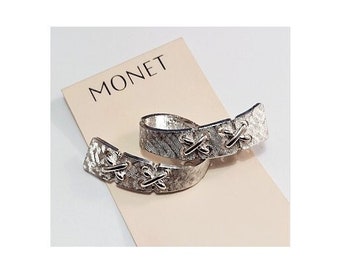 Monet Crossed Links Pin Brooch Silver Tone Vintage Textured Laced Swirl Wide Wrapped Band