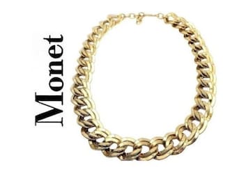 Monet Double Layered Necklace Chain Link Gold Tone Vintage 20 Inch Long Wide Wavy Open Rings Size Adjustable Extension Hook Clasp