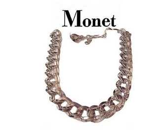 Monet Double Wavy Link Necklace Silver Tone Vintage Open Oval Rings Chain Adjustable Extension Hook Clasp