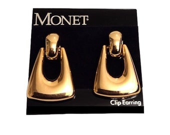 Monet Square Door Knocker Clip On Earrings Vintage Polished Gold Tone Domed Graduated Band